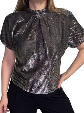 Vintage Metallic Black Shimmer Short Sleeve Top With Buttons On The Back